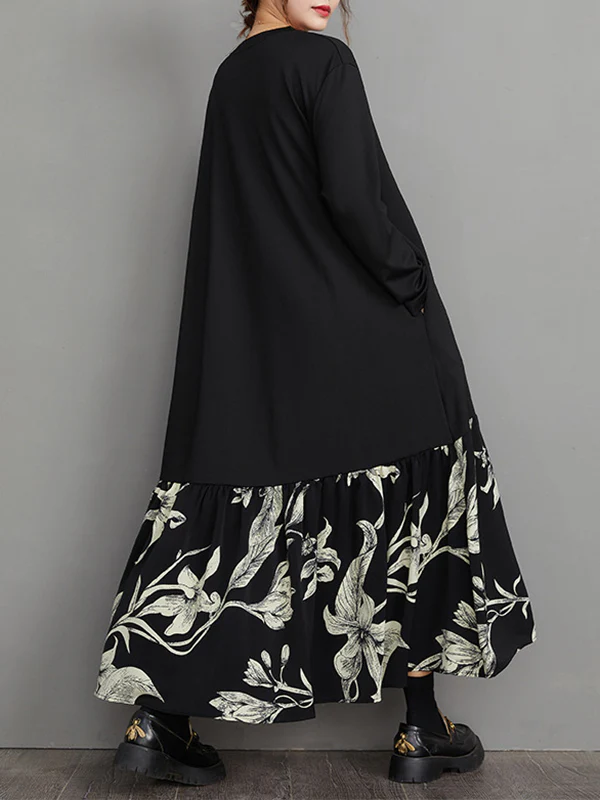 A-Line High-Low Asymmetric Flower Print Split-Joint V-Neck Midi Dresses - Image 6