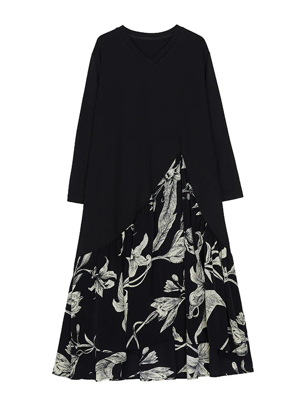 A-Line High-Low Asymmetric Flower Print Split-Joint V-Neck Midi Dresses - Image 7