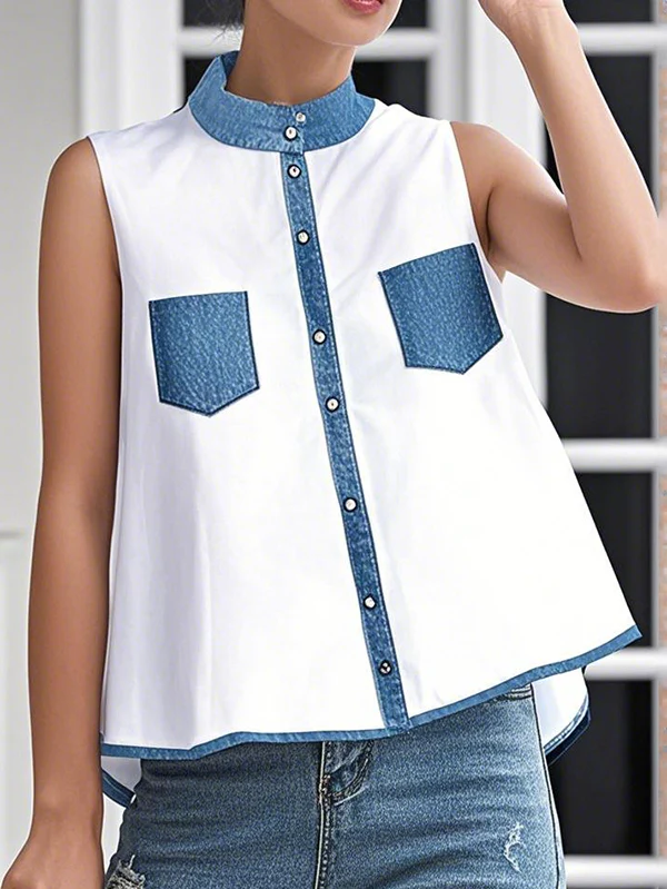 A-Line High-Low Buttoned Contrast Color Pockets Mock Neck Tank Top - Image 2