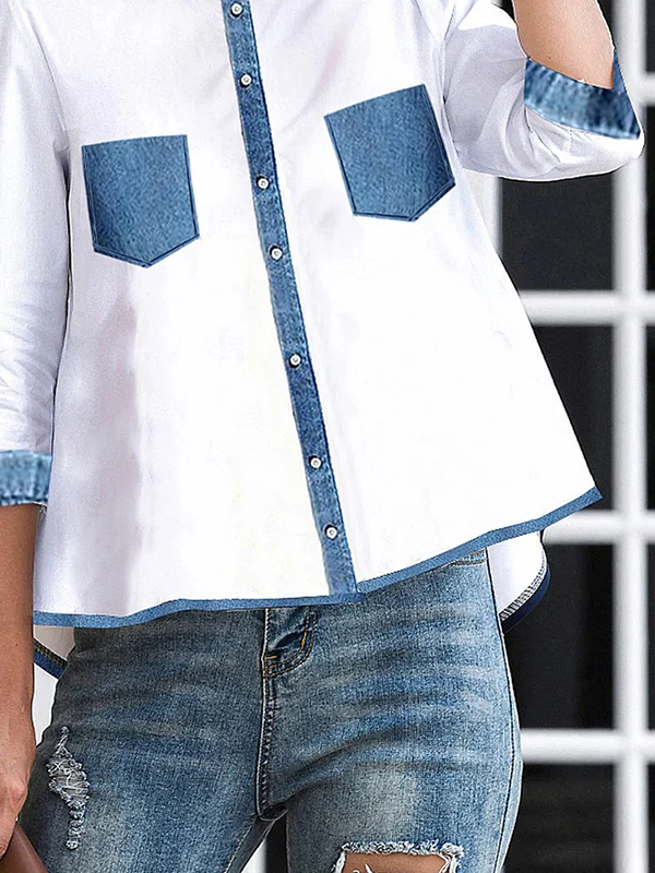 A-line High-low Buttoned Pockets Mock Neck Blouses&shirts Tops - Image 3