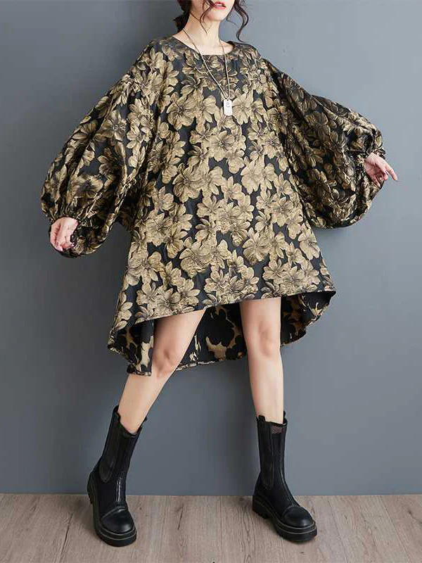A-Line High-Low Elasticity Flower Print Jacquard Round-Neck Midi Dresses - Image 2