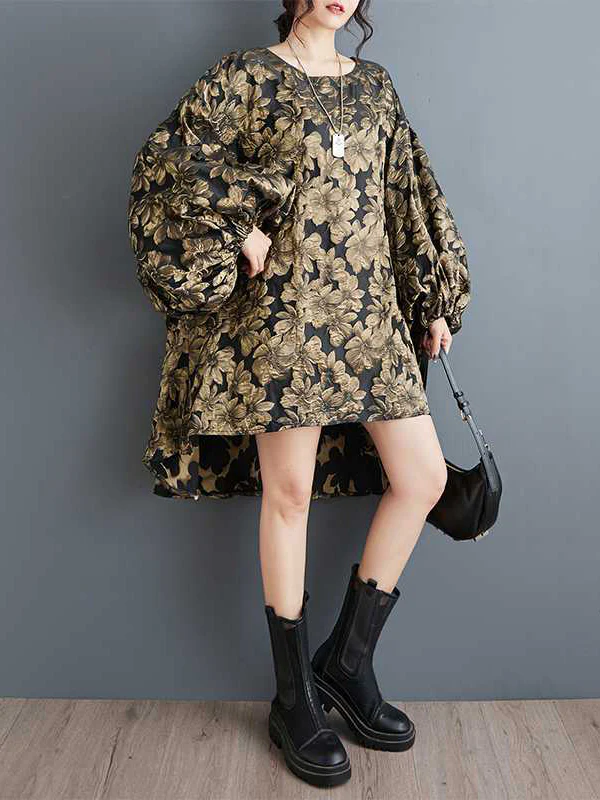 A-Line High-Low Elasticity Flower Print Jacquard Round-Neck Midi Dresses - Image 3