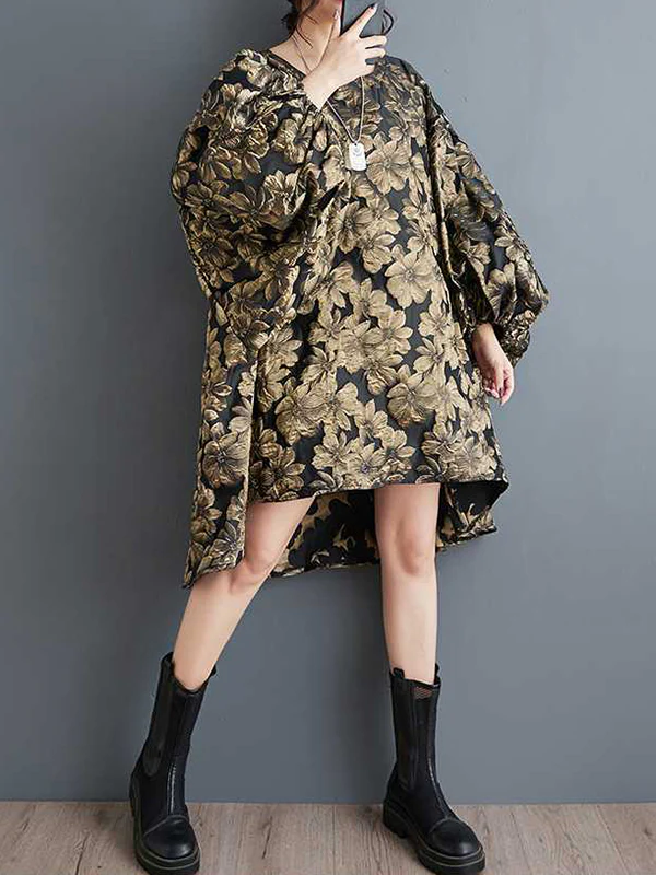 A-Line High-Low Elasticity Flower Print Jacquard Round-Neck Midi Dresses - Image 4