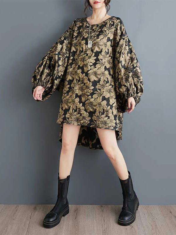 A-Line High-Low Elasticity Flower Print Jacquard Round-Neck Midi Dresses - Image 5