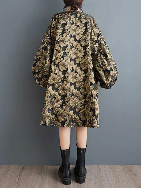 A-Line High-Low Elasticity Flower Print Jacquard Round-Neck Midi Dresses - Image 6