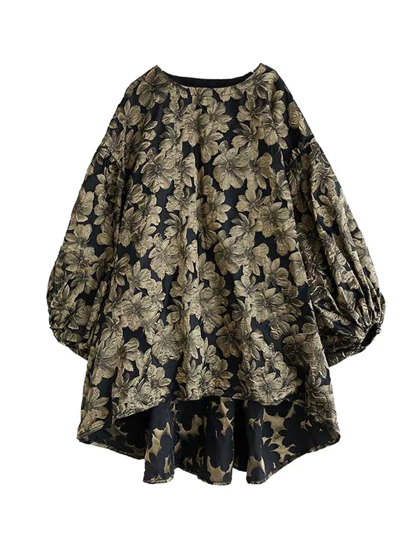 A-Line High-Low Elasticity Flower Print Jacquard Round-Neck Midi Dresses - Image 7