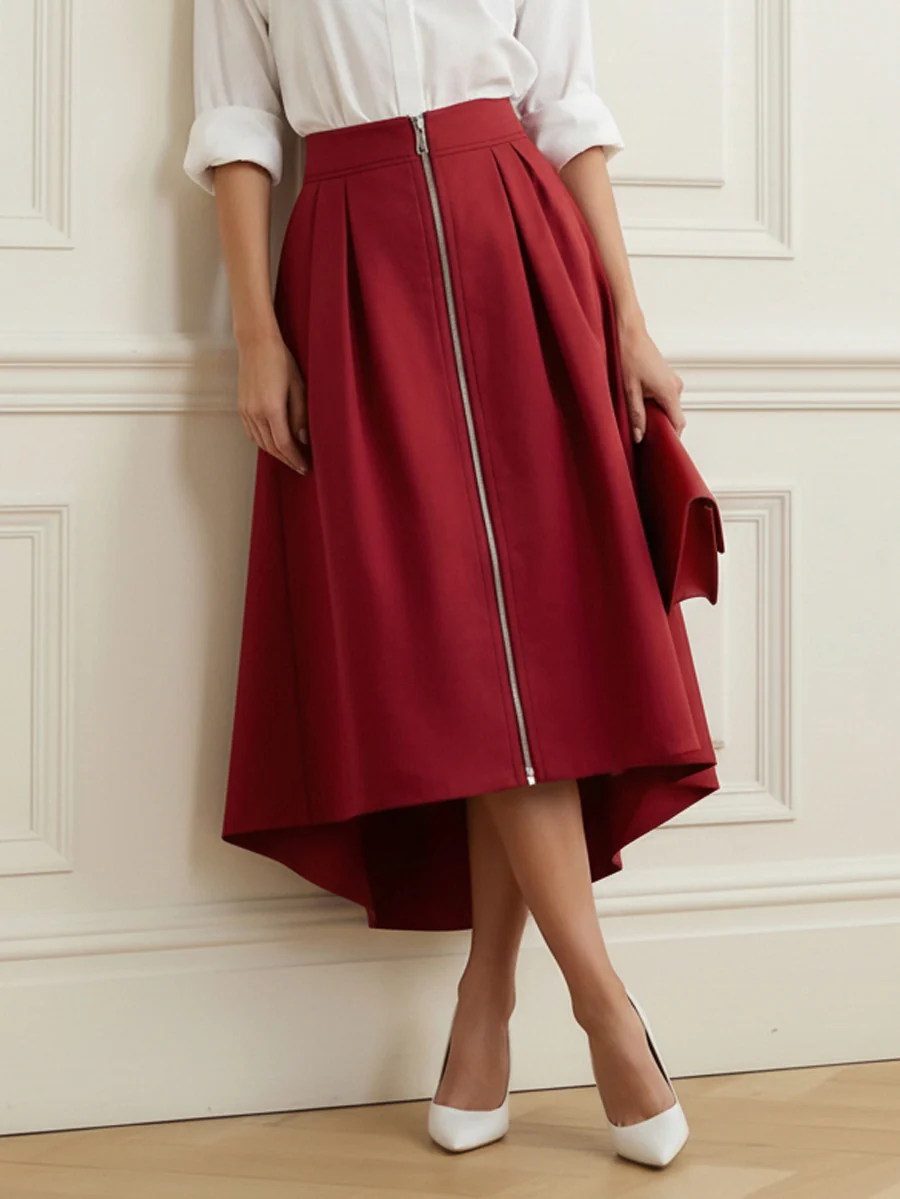 A-Line High-Low Pleated Pockets Solid Color Zipper Skirts Bottoms - Image 2
