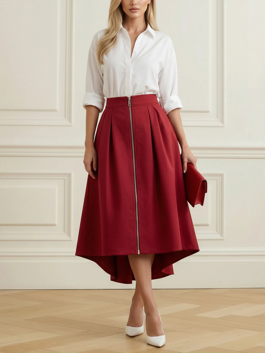 A-Line High-Low Pleated Pockets Solid Color Zipper Skirts Bottoms - Image 3
