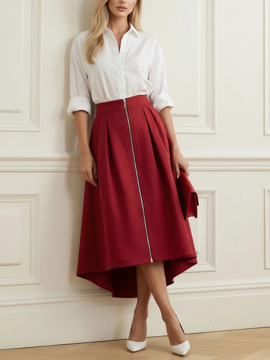 A-Line High-Low Pleated Pockets Solid Color Zipper Skirts Bottoms - Image 4