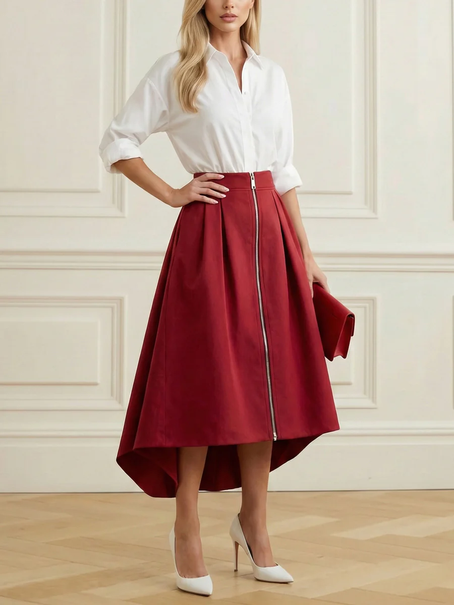 A-Line High-Low Pleated Pockets Solid Color Zipper Skirts Bottoms - Image 5