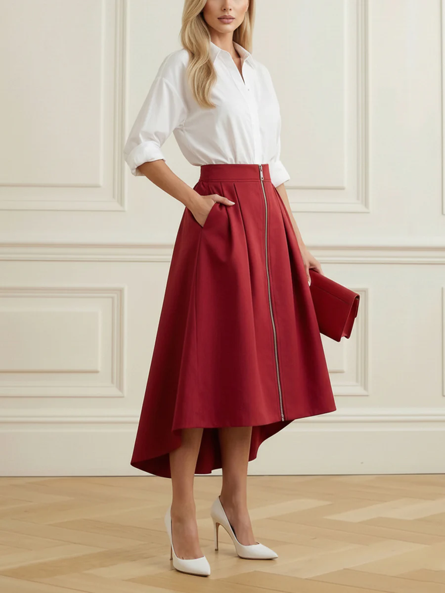 A-Line High-Low Pleated Pockets Solid Color Zipper Skirts Bottoms - Image 6