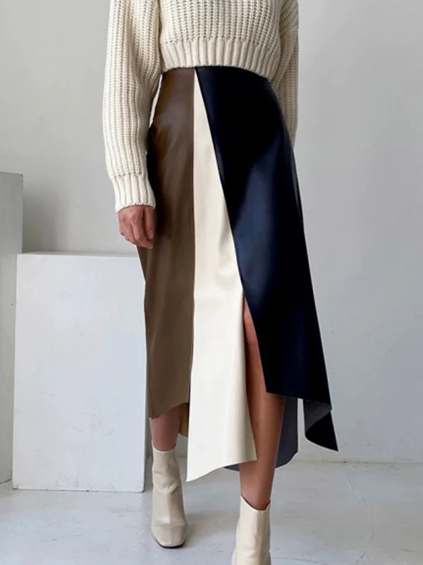 A-Line High Waisted Asymmetric Contrast Color Split-Front Skirts Bottoms - Image 2