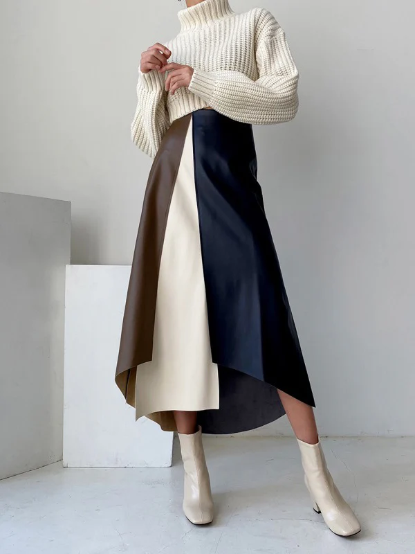 A-Line High Waisted Asymmetric Contrast Color Split-Front Skirts Bottoms - Image 3