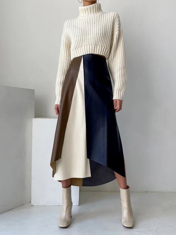 A-Line High Waisted Asymmetric Contrast Color Split-Front Skirts Bottoms - Image 4