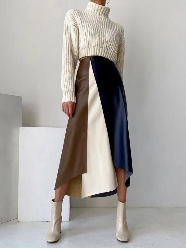 A-Line High Waisted Asymmetric Contrast Color Split-Front Skirts Bottoms - Image 5
