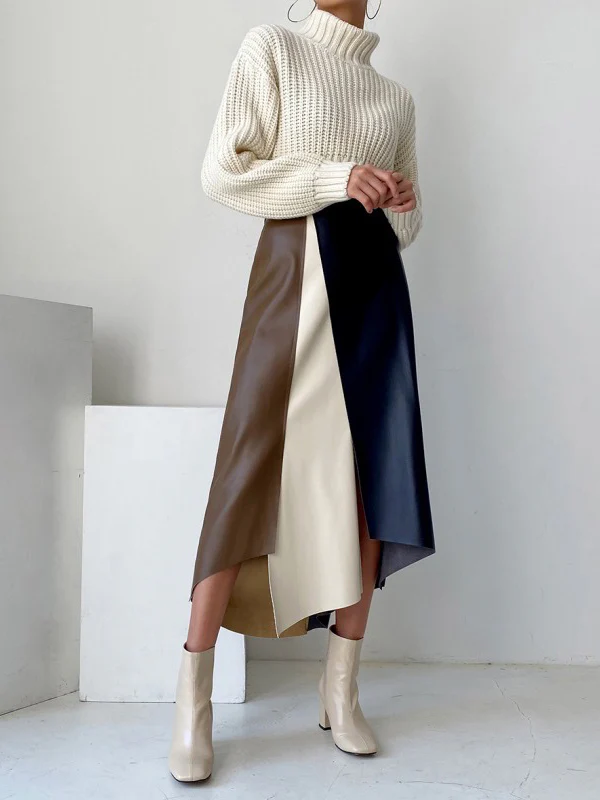 A-Line High Waisted Asymmetric Contrast Color Split-Front Skirts Bottoms - Image 6