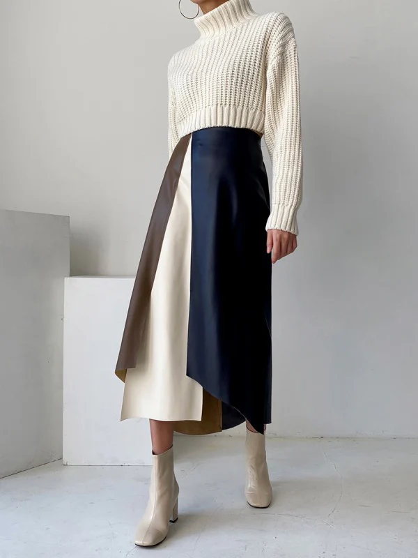 A-Line High Waisted Asymmetric Contrast Color Split-Front Skirts Bottoms - Image 7