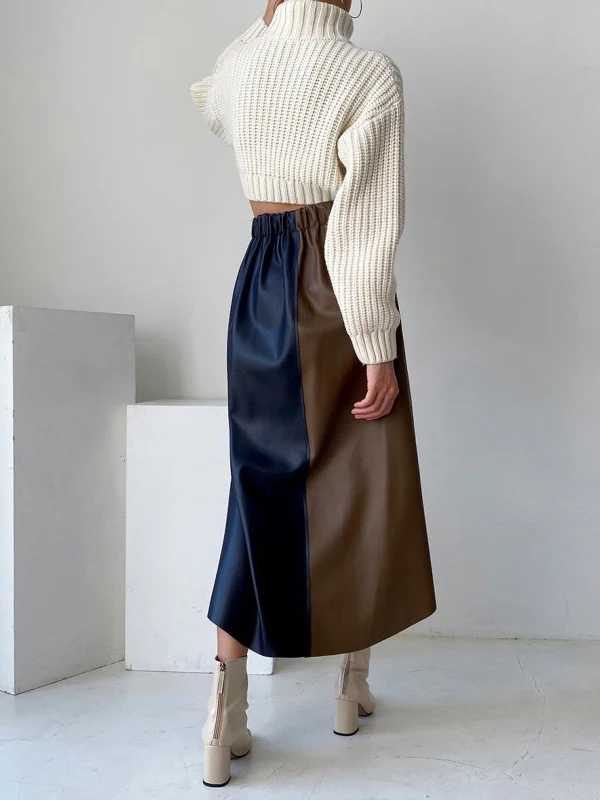 A-Line High Waisted Asymmetric Contrast Color Split-Front Skirts Bottoms - Image 8