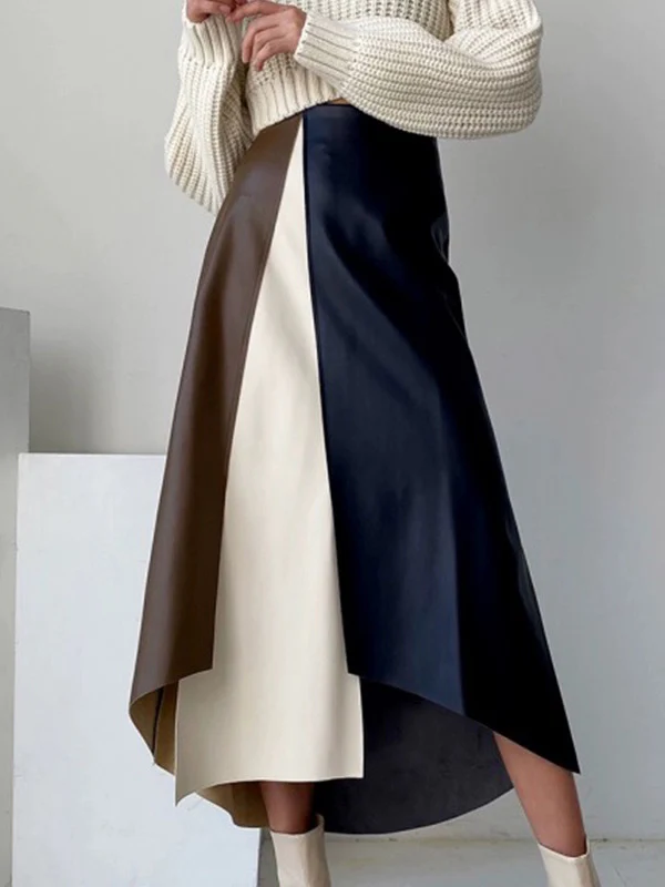A-Line High Waisted Asymmetric Contrast Color Split-Front Skirts Bottoms - Image 9