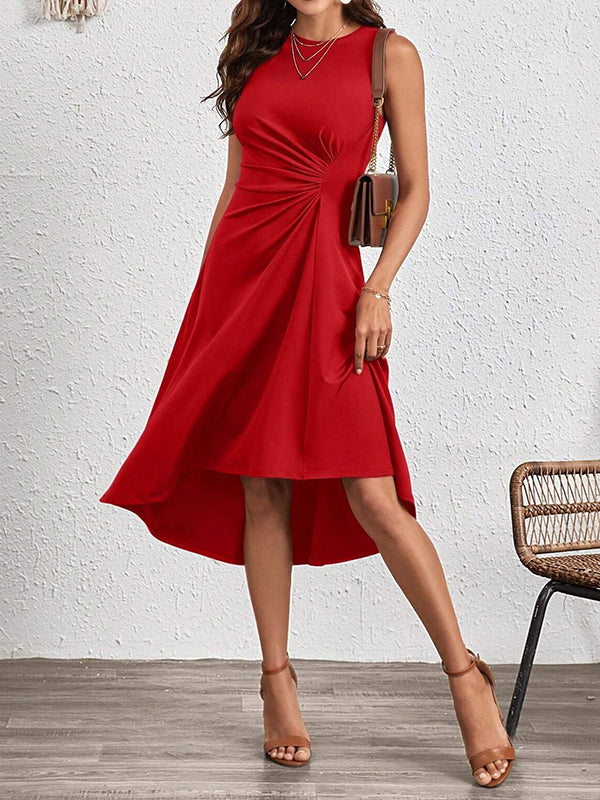 A-Line High Waisted Asymmetric Pleated Solid Color Split-Joint Round-Neck Midi Dresses - Image 12