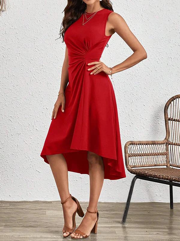 A-Line High Waisted Asymmetric Pleated Solid Color Split-Joint Round-Neck Midi Dresses - Image 13