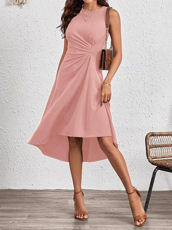 A-Line High Waisted Asymmetric Pleated Solid Color Split-Joint Round-Neck Midi Dresses - Image 18