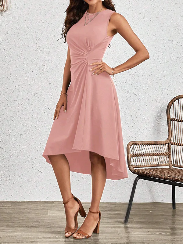 A-Line High Waisted Asymmetric Pleated Solid Color Split-Joint Round-Neck Midi Dresses - Image 19