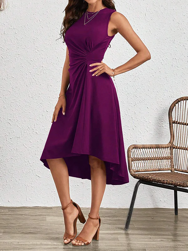 A-Line High Waisted Asymmetric Pleated Solid Color Split-Joint Round-Neck Midi Dresses - Image 20