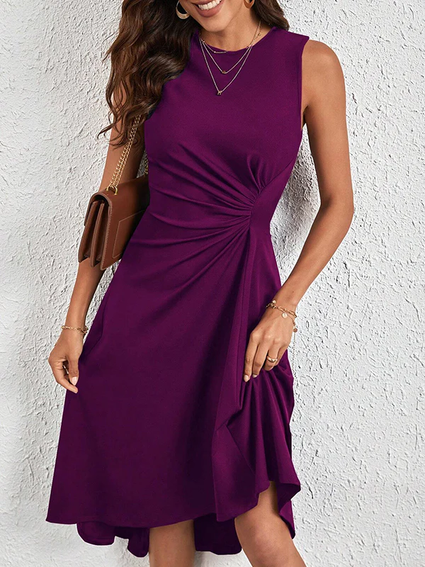A-Line High Waisted Asymmetric Pleated Solid Color Split-Joint Round-Neck Midi Dresses - Image 3