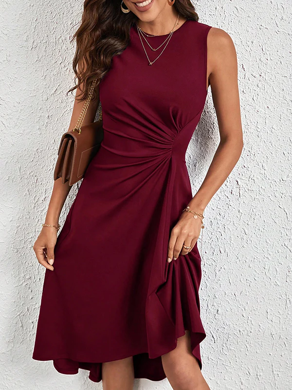 A-Line High Waisted Asymmetric Pleated Solid Color Split-Joint Round-Neck Midi Dresses - Image 7