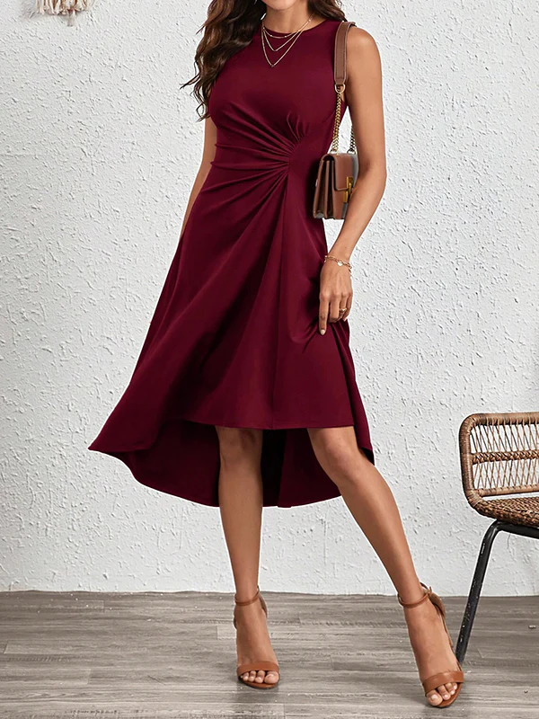 A-Line High Waisted Asymmetric Pleated Solid Color Split-Joint Round-Neck Midi Dresses - Image 8
