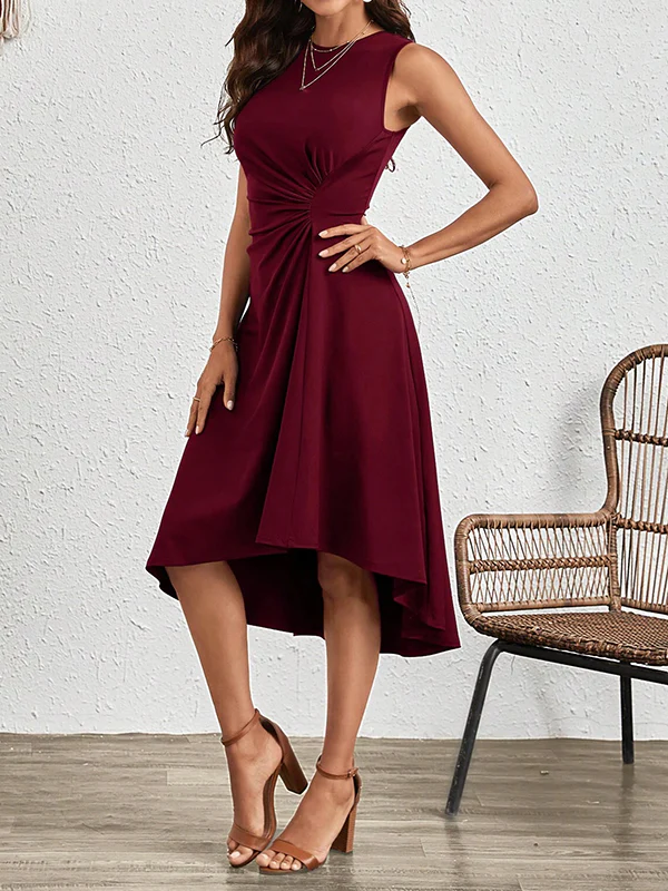 A-Line High Waisted Asymmetric Pleated Solid Color Split-Joint Round-Neck Midi Dresses - Image 9