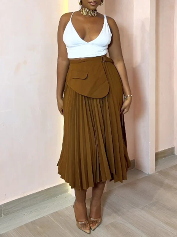 A-Line High Waisted Asymmetric Pleated Solid Color Split-Joint Skirts Bottoms - Image 10