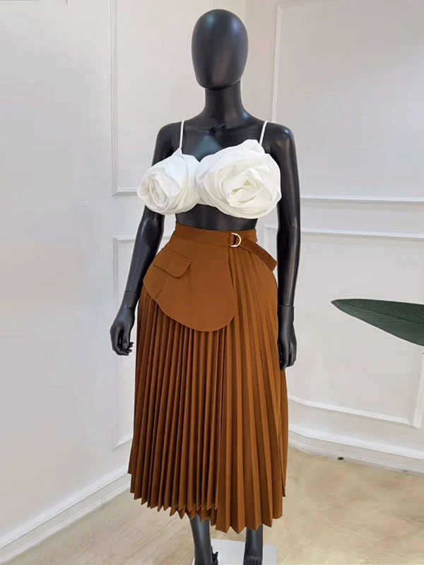 A-Line High Waisted Asymmetric Pleated Solid Color Split-Joint Skirts Bottoms - Image 11