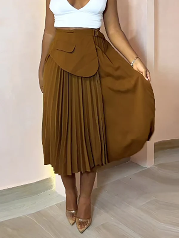 A-Line High Waisted Asymmetric Pleated Solid Color Split-Joint Skirts Bottoms - Image 2