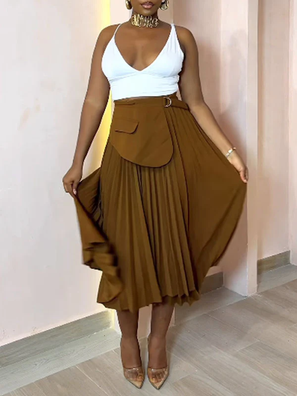 A-Line High Waisted Asymmetric Pleated Solid Color Split-Joint Skirts Bottoms - Image 5