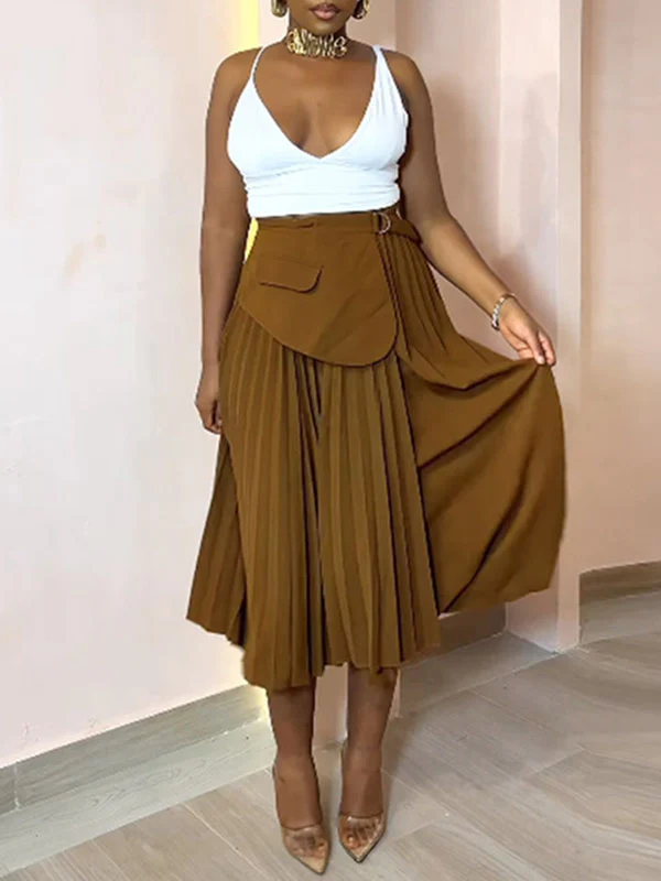 A-Line High Waisted Asymmetric Pleated Solid Color Split-Joint Skirts Bottoms - Image 6