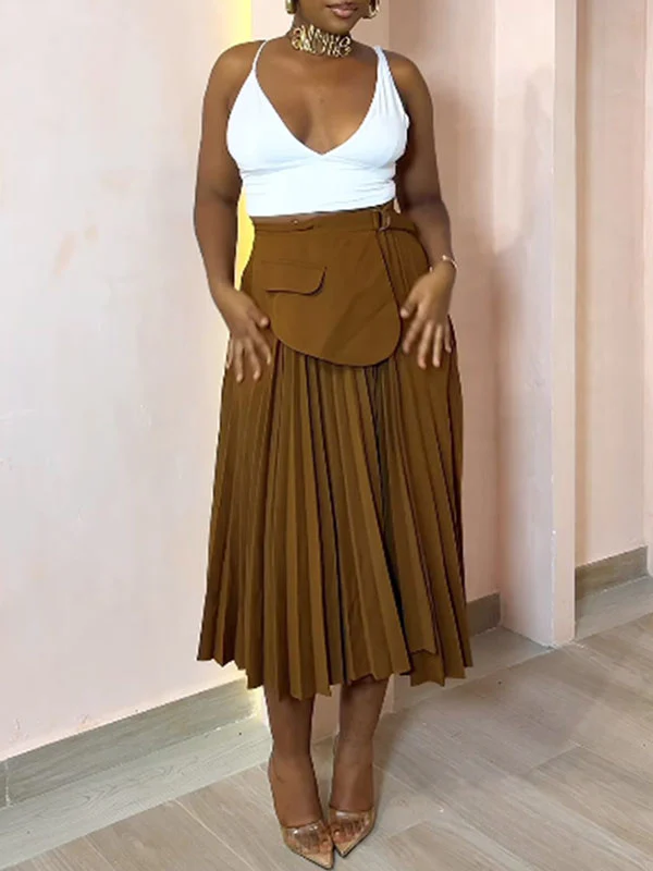 A-Line High Waisted Asymmetric Pleated Solid Color Split-Joint Skirts Bottoms - Image 8