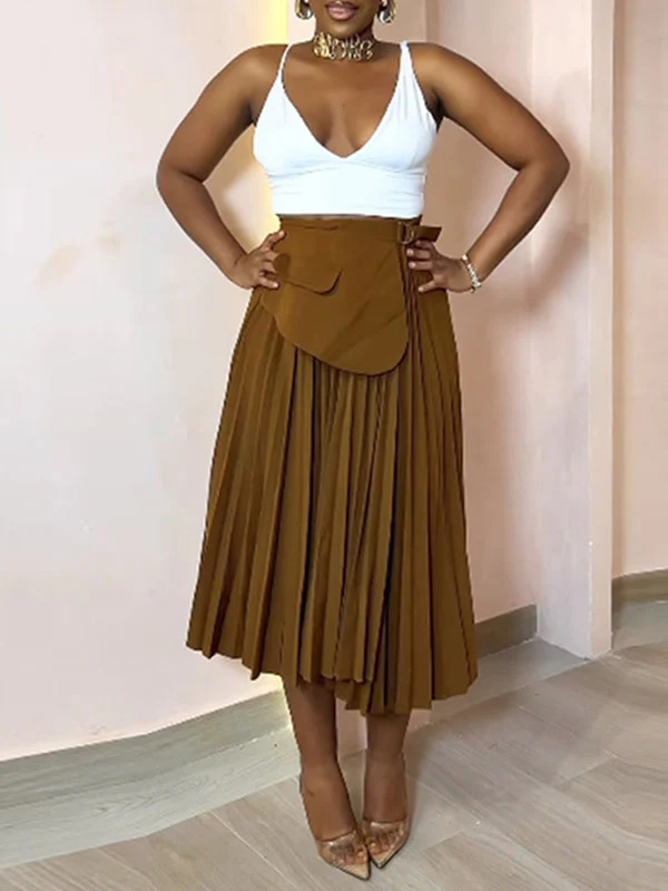 A-Line High Waisted Asymmetric Pleated Solid Color Split-Joint Skirts Bottoms - Image 9