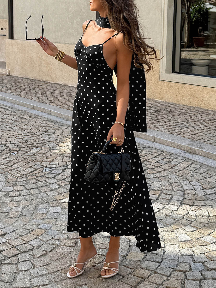 A-Line High Waisted Backless Contrast Color Polka-Dot Split-Joint Halter-Neck Midi Dresses - Image 3