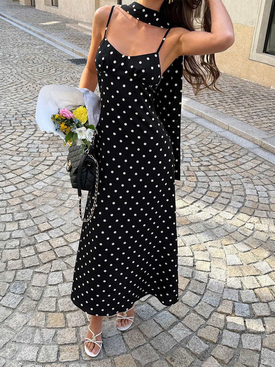 A-Line High Waisted Backless Contrast Color Polka-Dot Split-Joint Halter-Neck Midi Dresses - Image 4