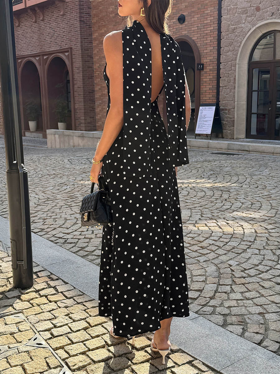 A-Line High Waisted Backless Contrast Color Polka-Dot Split-Joint Halter-Neck Midi Dresses - Image 5