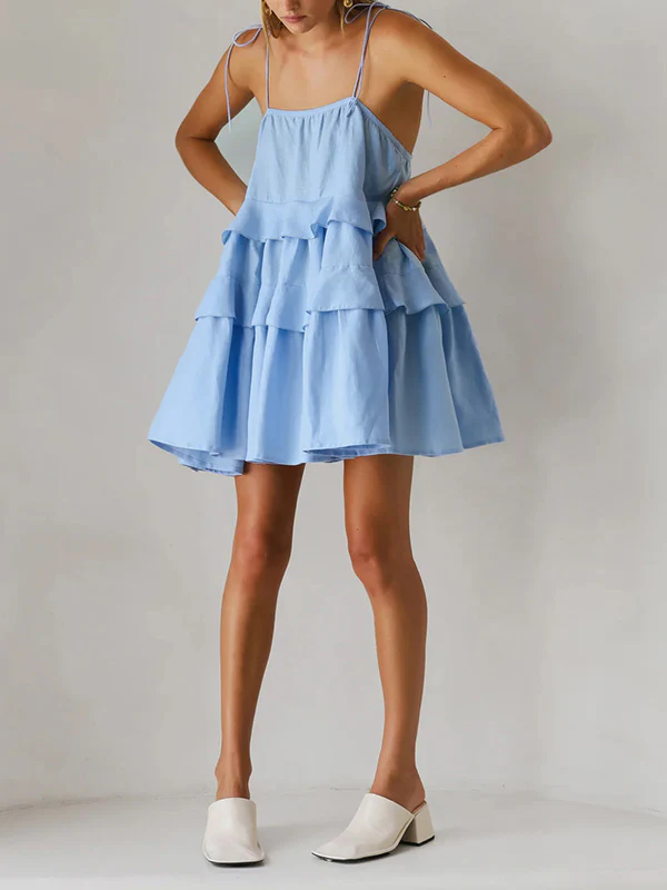 A-Line High Waisted Backless Layered Pleated Solid Color Spaghetti-Neck Mini Dresses - Image 10