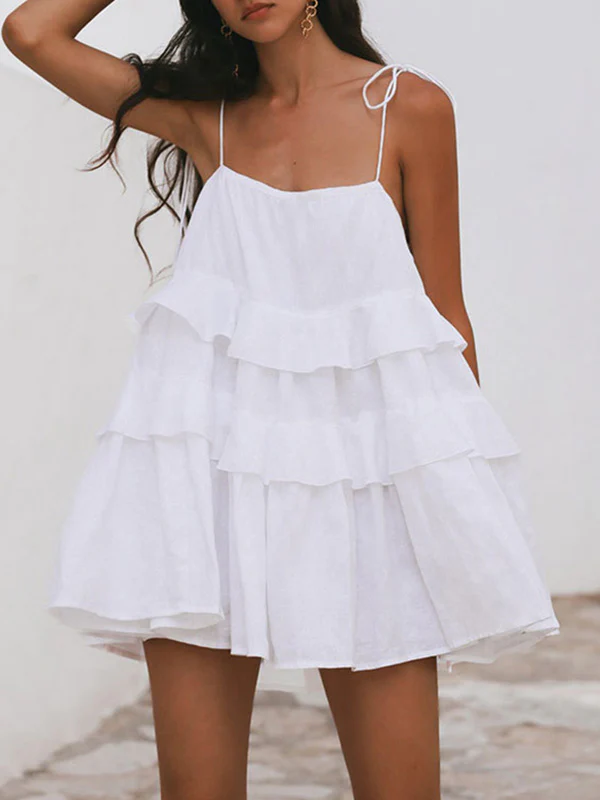 A-Line High Waisted Backless Layered Pleated Solid Color Spaghetti-Neck Mini Dresses - Image 11