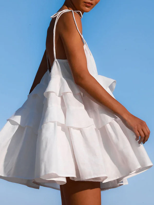 A-Line High Waisted Backless Layered Pleated Solid Color Spaghetti-Neck Mini Dresses - Image 14
