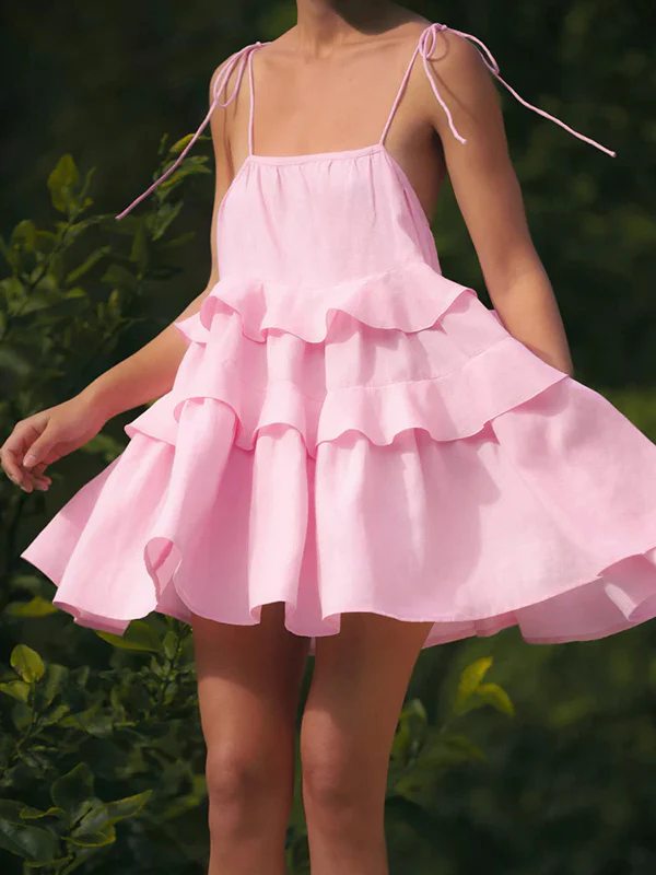 A-Line High Waisted Backless Layered Pleated Solid Color Spaghetti-Neck Mini Dresses - Image 3