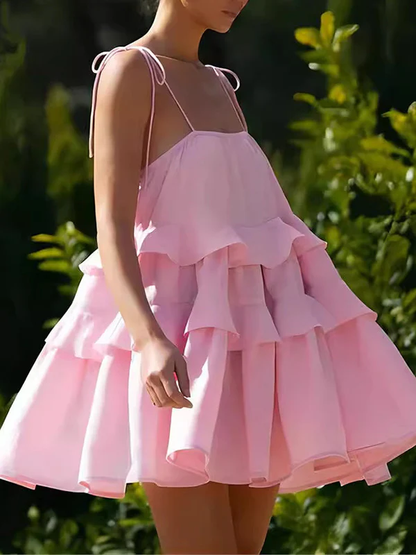 A-Line High Waisted Backless Layered Pleated Solid Color Spaghetti-Neck Mini Dresses - Image 4