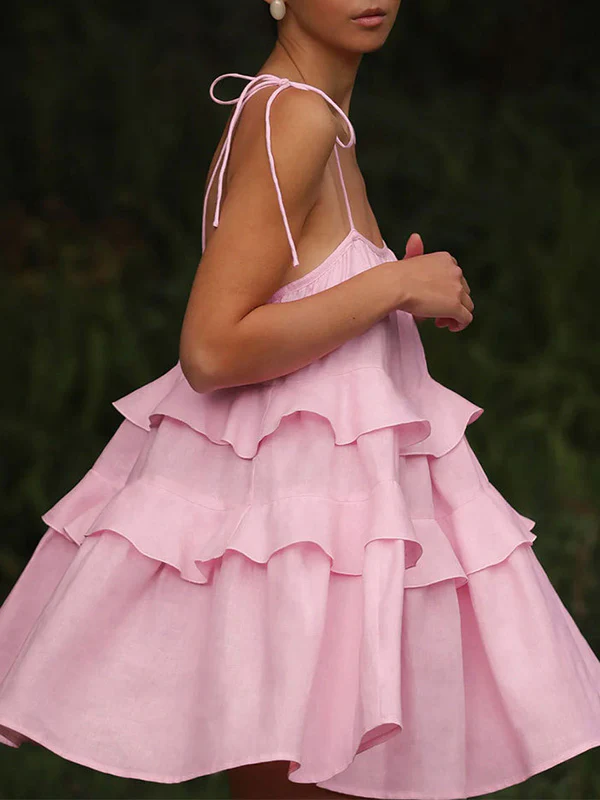 A-Line High Waisted Backless Layered Pleated Solid Color Spaghetti-Neck Mini Dresses - Image 5