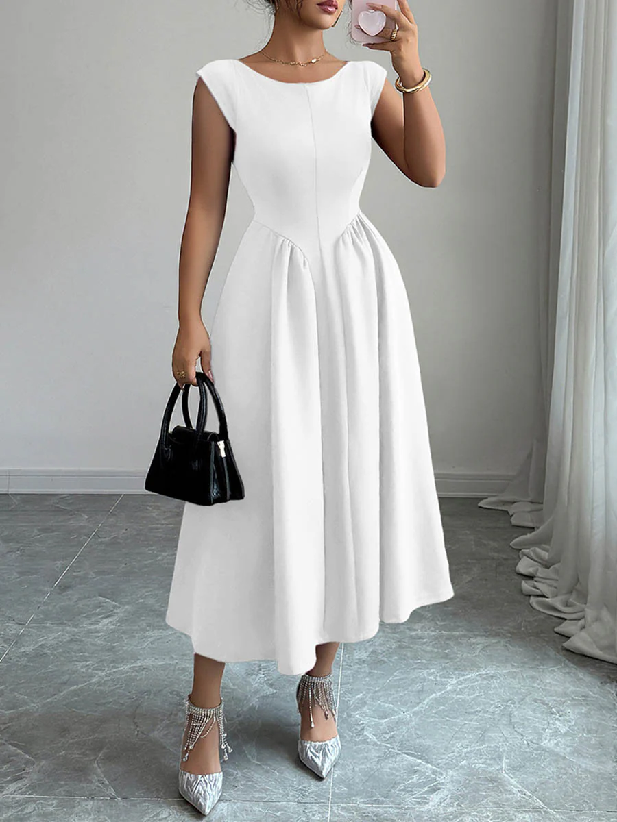 A-Line High Waisted Backless Pleated Pockets Solid Color Boat Neck Midi Dresses - Image 2