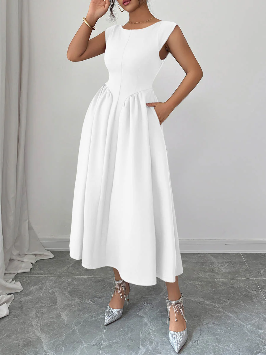 A-Line High Waisted Backless Pleated Pockets Solid Color Boat Neck Midi Dresses - Image 3
